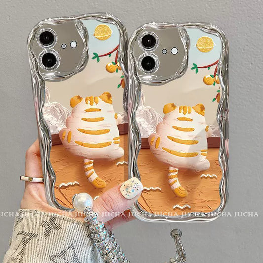 Orange cat jumping over a fence. Luxury design. Smartphone case with bracelet. Compatible with iPhone.