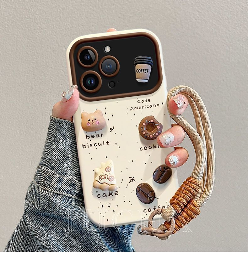 A three-dimensional coffee and little bear design, a luxurious smartphone case with a drawstring, compatible with iPhone