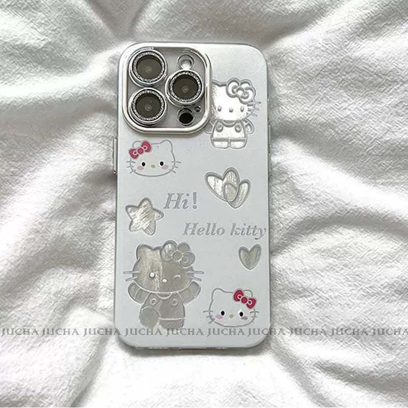 Hello Kitty design Hollywood-style watermark pattern, silicone shock-resistant, luxurious smartphone case, compatible with iPhone