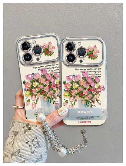 Romantic oil painting flower design, luxurious bracelet and stand included, smartphone case for iPhone