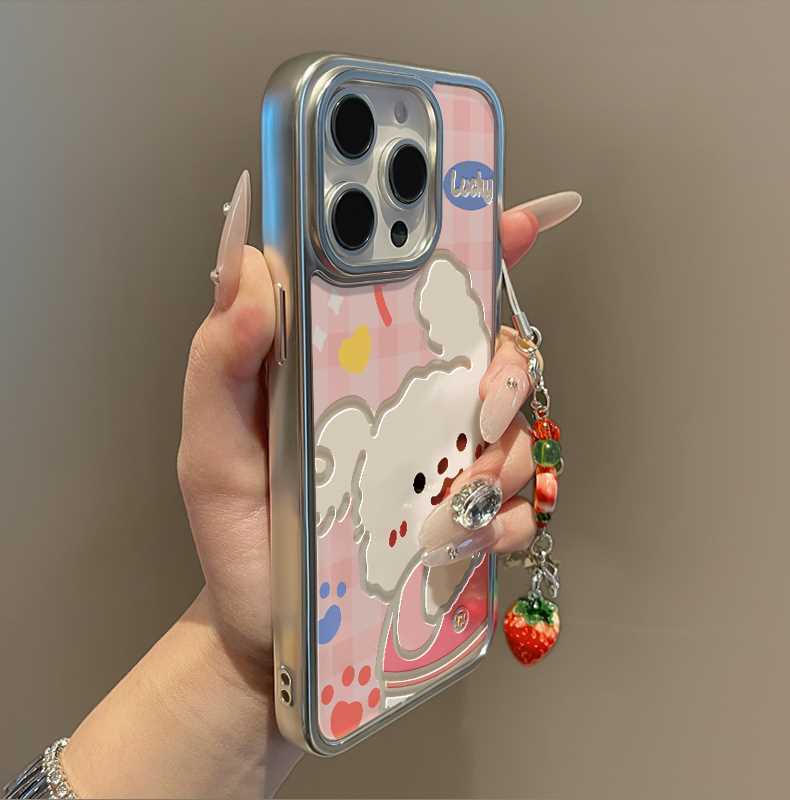 Pink puppy design. Made of silicone, highly shock-resistant and luxuriously decorated smartphone case, compatible with iPhone.