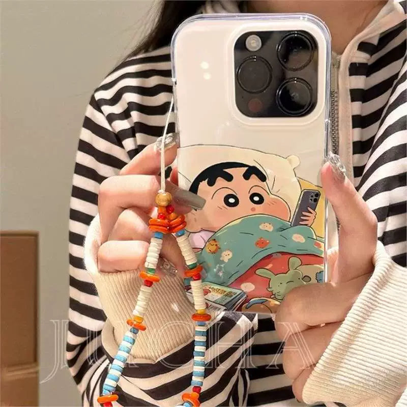 Sleeping Shin-chan design. Made of silicone, highly shock-resistant and luxurious smartphone case with drawstring, compatible with iPhone