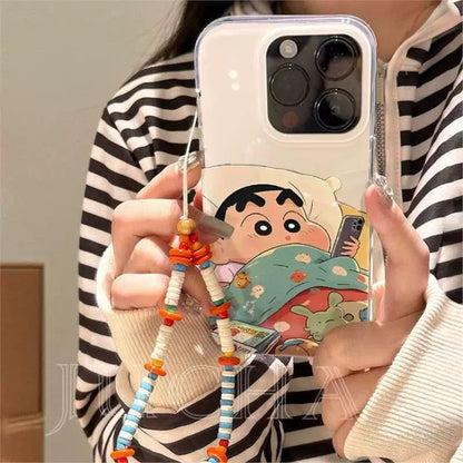 Sleeping Shin-chan design. Made of silicone, highly shock-resistant and luxurious smartphone case with drawstring, compatible with iPhone