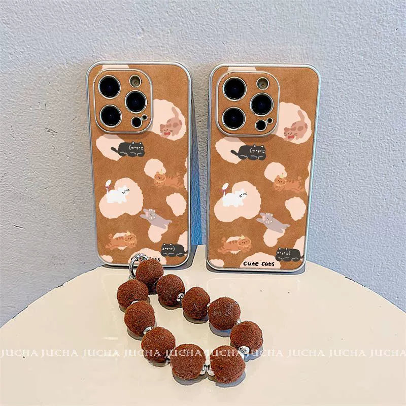 Cute cats playing design, excellent shock and vibration resistance, luxurious smartphone case with string, compatible with iPhone