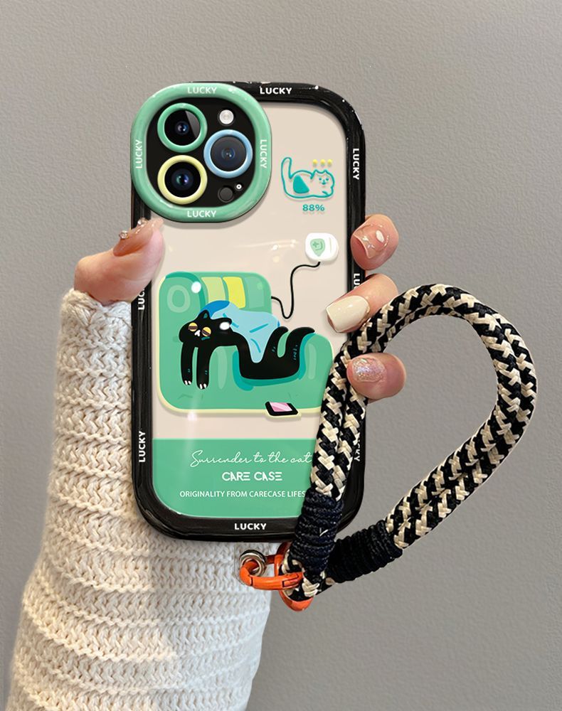 A relaxed cat design. Made of silicone, it is highly shock-resistant and has a luxurious feel. Smartphone case with a string, compatible with iPhones.