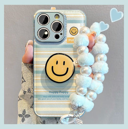 Stripes and smiley face design, luxurious smartphone case with strap and stand, compatible with iPhone