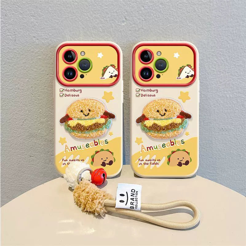 Fluffy hamburger, luxurious smartphone case with string and sticker decoration, compatible with iPhone