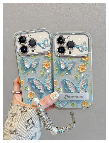 Blue oil painting style butterfly, luxurious smartphone case with string and stand, compatible with iPhone