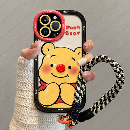 A cute Winnie the Pooh design, a luxurious smartphone case with a drawstring, compatible with iPhone