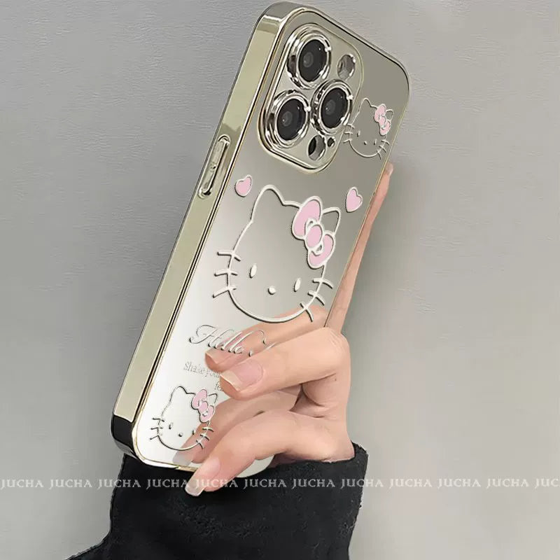 Mirrored Hello Kitty. Fully covered silicone material for a luxurious look. Smartphone case with drawstring. Compatible with iPhone.