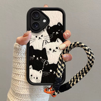 Black and white cats, luxurious smartphone case with drawstring, compatible with iPhone