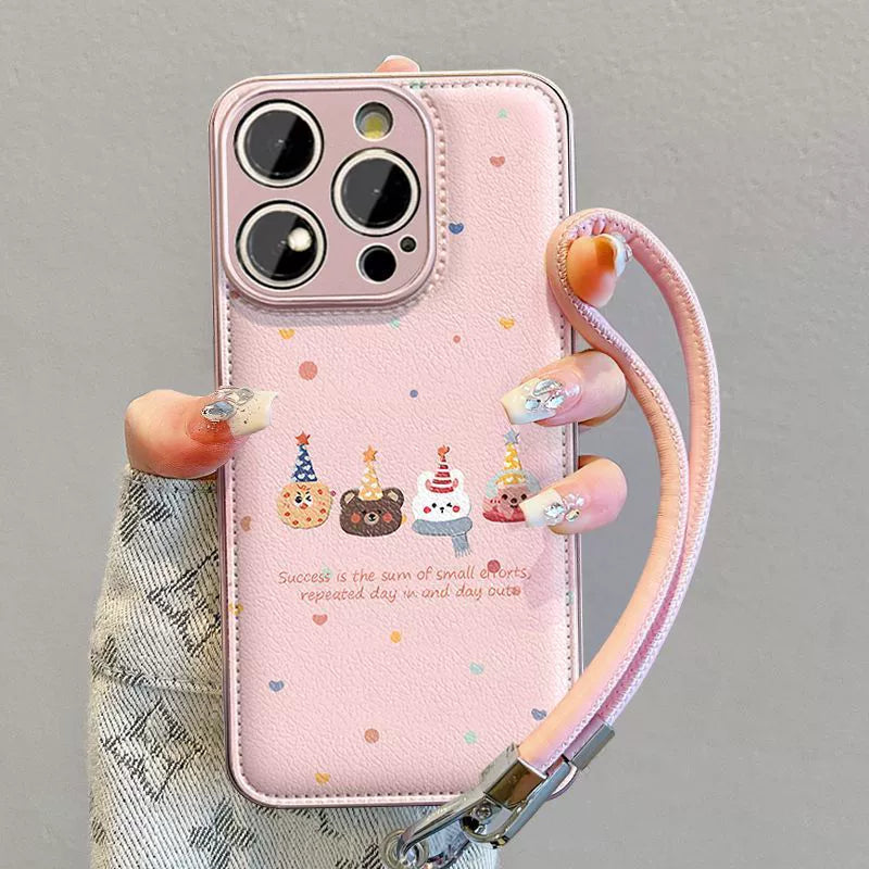 A luxurious smartphone case with a string, featuring a cookie animal motif, compatible with iPhone