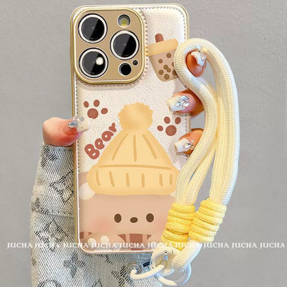 Milk tea and bear, luxurious smartphone case with drawstring, compatible with iPhone