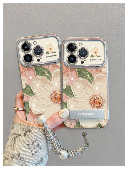 Oil painting style camellia pattern, luxurious smartphone case with drawstring and stand, compatible with iPhone