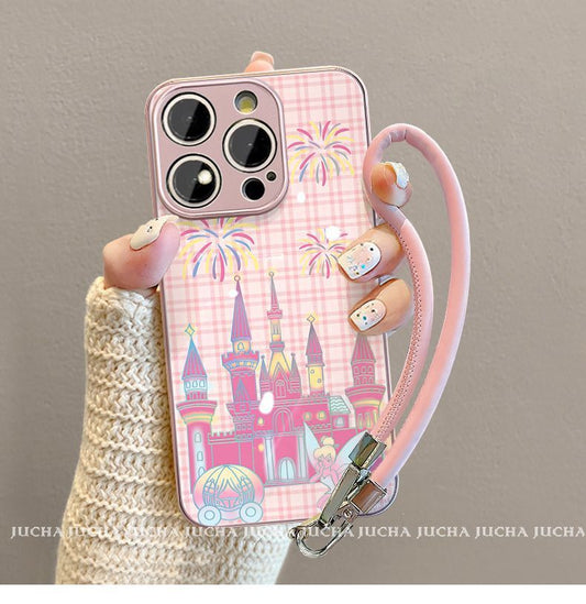 A luxurious smartphone case with a string that incorporates a pink castle design. Compatible with iPhone