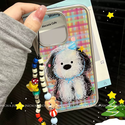 幸せそうな子犬 デザイン  高級感あふれる 紐付き スマホケース  iPhone に対応