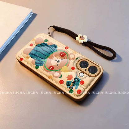 A bear wearing striped clothing. A luxurious silicone full-cover smartphone case with a drawstring. Compatible with iPhones.