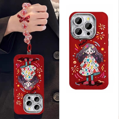 A cute girl with a fireworks background. Design: Made of silicone, this case is shock-resistant and luxurious with a chain. Compatible with iPhones.