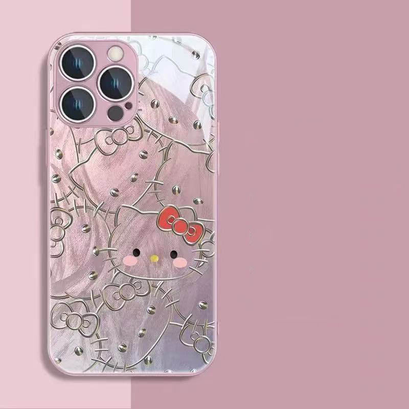 スマホケース  ハローキティテーマ、メタリックな輝きと頑丈な強化ガラスが融合した  耐衝撃・防振性能に優れ、高級感あふれるスマホケースで、iPhone に対応