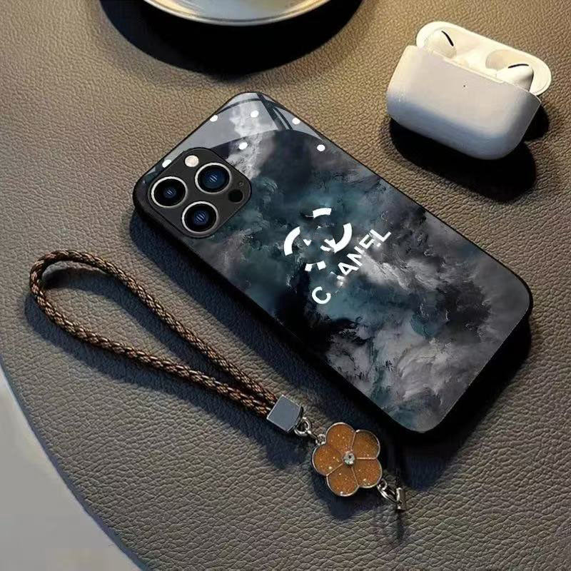 スマホケース ダブルＣ 全4種 強化ガラスケース＋ハンドストラップ  耐衝撃・防振性能に優れ、高級感あふれるスマホケースで、iPhone に対応