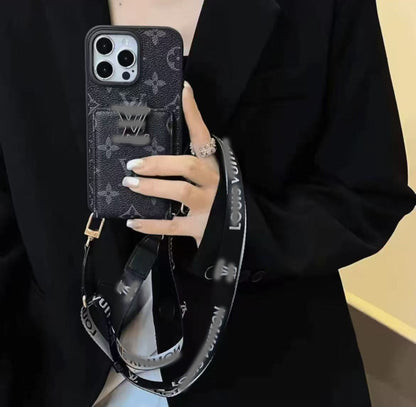 スマホケース ダブルV 紐付き カードケース付き 耐衝撃・防振性能に優れ、高級感あふれるスマホケースで、iPhone に対応