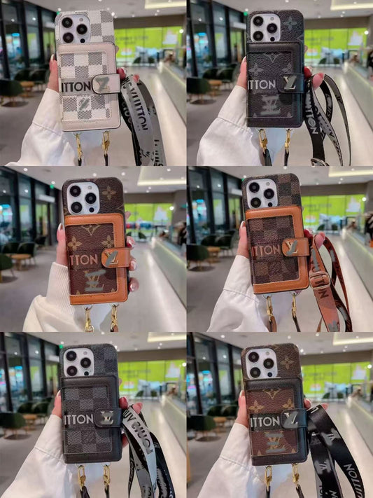 スマホケース ダブルV 紐付き カードケース付き 耐衝撃・防振性能に優れ、高級感あふれるスマホケースで、iPhone に対応