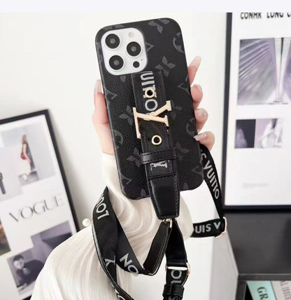 スマホケース ダブルV 腕紐付き 耐衝撃・防振性能に優れ、高級感あふれるスマホケースで、iPhone に対応