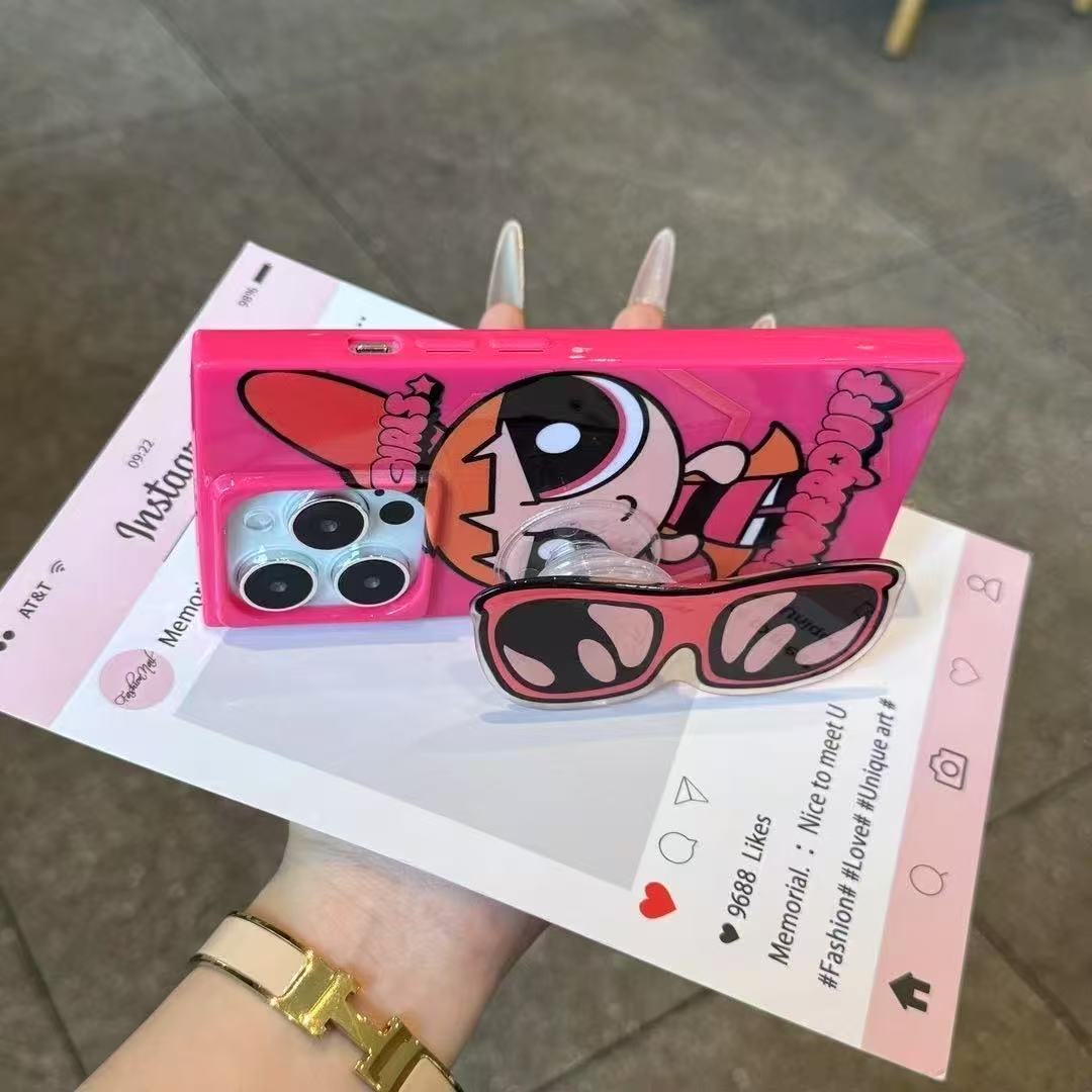スマホケース パワーパフガールズをテーマ サングラス型のスタンドが付  耐衝撃・防振性能に優れ、高級感あふれるスマホケースで、iPhone に対応