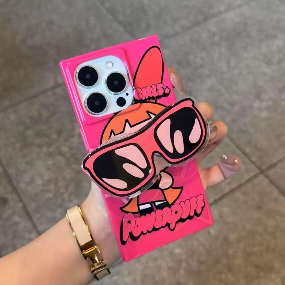 スマホケース パワーパフガールズをテーマ サングラス型のスタンドが付  耐衝撃・防振性能に優れ、高級感あふれるスマホケースで、iPhone に対応