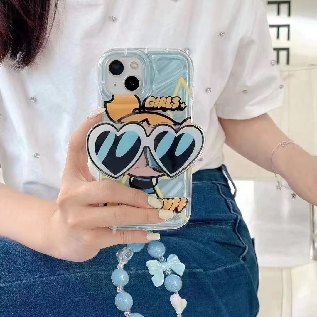 スマホケース  パワーパフガールズテーマ サングラス型のスタンドが付 チェーン付き 耐衝撃・防振性能に優れ、高級感あふれるスマホケースで、iPhone に対応