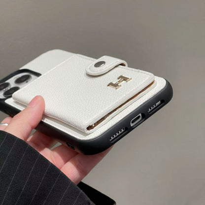 スマホケース  高級感  H ライチ柄でカードケース付き 耐衝撃・防振性能に優れ、高級感あふれるスマホケースで、iPhone に対応