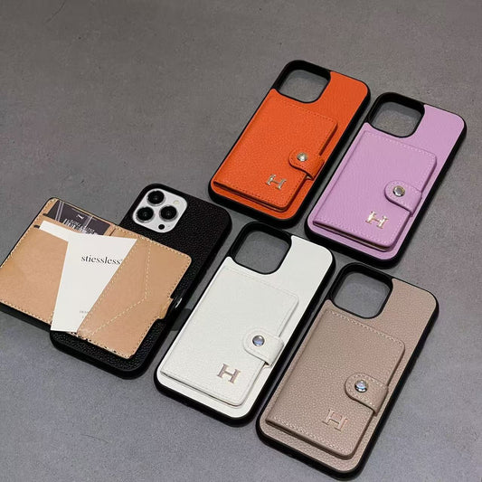 スマホケース  高級感  H ライチ柄でカードケース付き 耐衝撃・防振性能に優れ、高級感あふれるスマホケースで、iPhone に対応