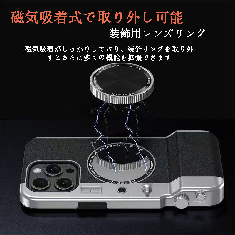 スマホケース  一体型プロカメラ風（磁気吸着式・化粧鏡付き） 全9色  耐衝撃・防振性能に優れ、高級感あふれるスマホケースで、iPhone に対応