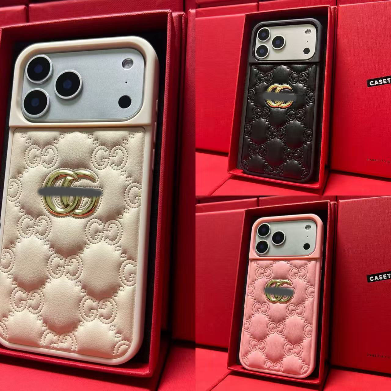 スマホケース  高級感レザーエンボス  ダブルG  耐衝撃・防振性能に優れ、高級感あふれるスマホケースで、iPhone13~17 に対応