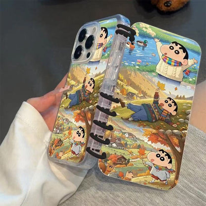 本型スマホケース 紅葉柄クレヨンしんちゃんテーマ 手帳型スマホケース  キャラクターの柔らかい 折りたたみ式 ノート型 スマホケース  iPhone に対応