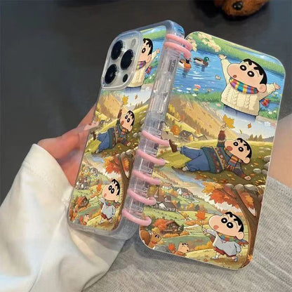 本型スマホケース 紅葉柄クレヨンしんちゃんテーマ 手帳型スマホケース  キャラクターの柔らかい 折りたたみ式 ノート型 スマホケース  iPhone に対応