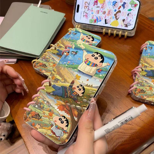 本型スマホケース 紅葉柄クレヨンしんちゃんテーマ 手帳型スマホケース  キャラクターの柔らかい 折りたたみ式 ノート型 スマホケース  iPhone に対応