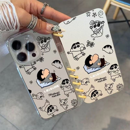 本型スマホケース クレヨンしんちゃんの寝顔テーマ 手帳型スマホケース  キャラクターの柔らかい 折りたたみ式 ノート型 スマホケース  iPhone に対応