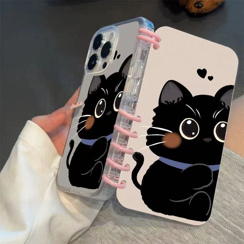 本型スマホケース 可愛らしい黒猫と柔らかいハート柄テーマ 手帳型スマホケース  キャラクターの柔らかい 折りたたみ式 ノート型 スマホケース  iPhone に対応