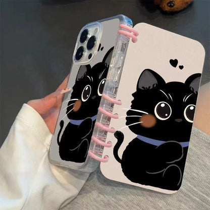 本型スマホケース 可愛らしい黒猫と柔らかいハート柄テーマ 手帳型スマホケース  キャラクターの柔らかい 折りたたみ式 ノート型 スマホケース  iPhone に対応