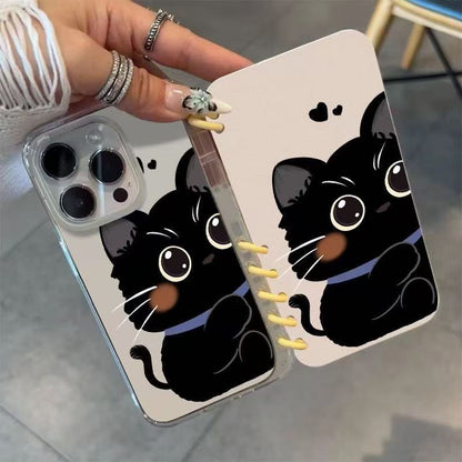 本型スマホケース 可愛らしい黒猫と柔らかいハート柄テーマ 手帳型スマホケース  キャラクターの柔らかい 折りたたみ式 ノート型 スマホケース  iPhone に対応