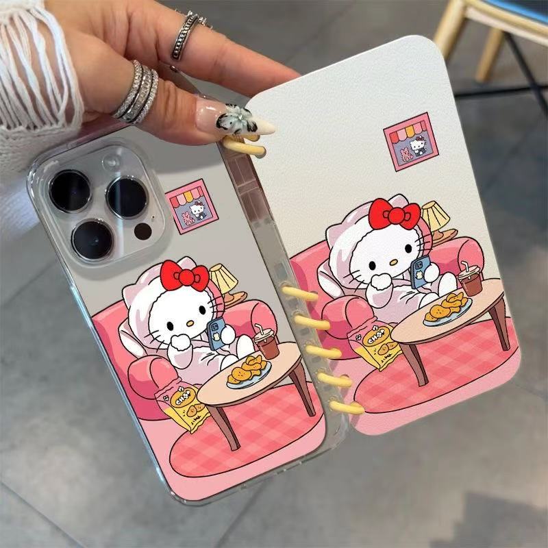 本型スマホケース 定番キャラクター「ハローキティ」がカジュアルなテーマ 手帳型スマホケース  キャラクターの柔らかい 折りたたみ式 ノート型 スマホケース  iPhone に対応