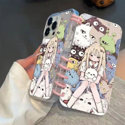 本型スマホケース 猫を優しく抱く女の子テーマ 手帳型スマホケース  キャラクターの柔らかい 折りたたみ式 ノート型 スマホケース  iPhone に対応