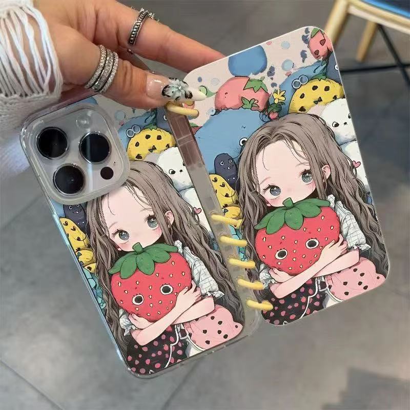 本型スマホケース ストロベリーをまとった可愛い女の子「ストロベリーガール」テーマ 手帳型スマホケース  キャラクターの柔らかい 折りたたみ式 ノート型 スマホケース  iPhone に対応