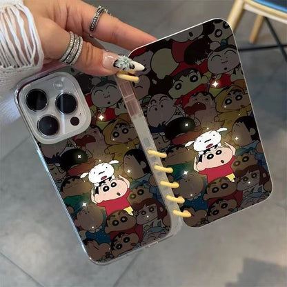 本型スマホケース クレヨンしんちゃんの「発光機能」テーマ 手帳型スマホケース  キャラクターの柔らかい 折りたたみ式 ノート型 スマホケース  iPhone に対応