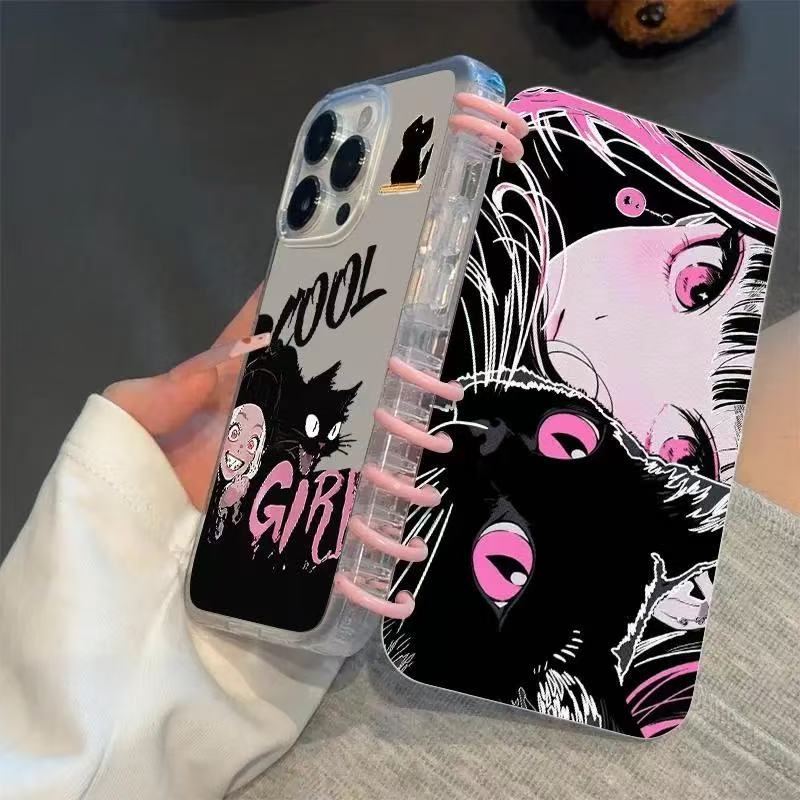 本型スマホケース 優しい雰囲気の少女と愛らしい黒猫テーマ 手帳型スマホケース  キャラクターの柔らかい 折りたたみ式 ノート型 スマホケース  iPhone に対応