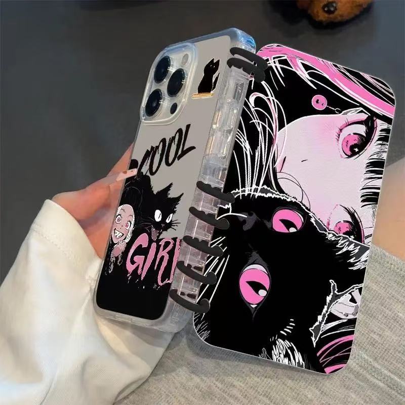 本型スマホケース 優しい雰囲気の少女と愛らしい黒猫テーマ 手帳型スマホケース  キャラクターの柔らかい 折りたたみ式 ノート型 スマホケース  iPhone に対応