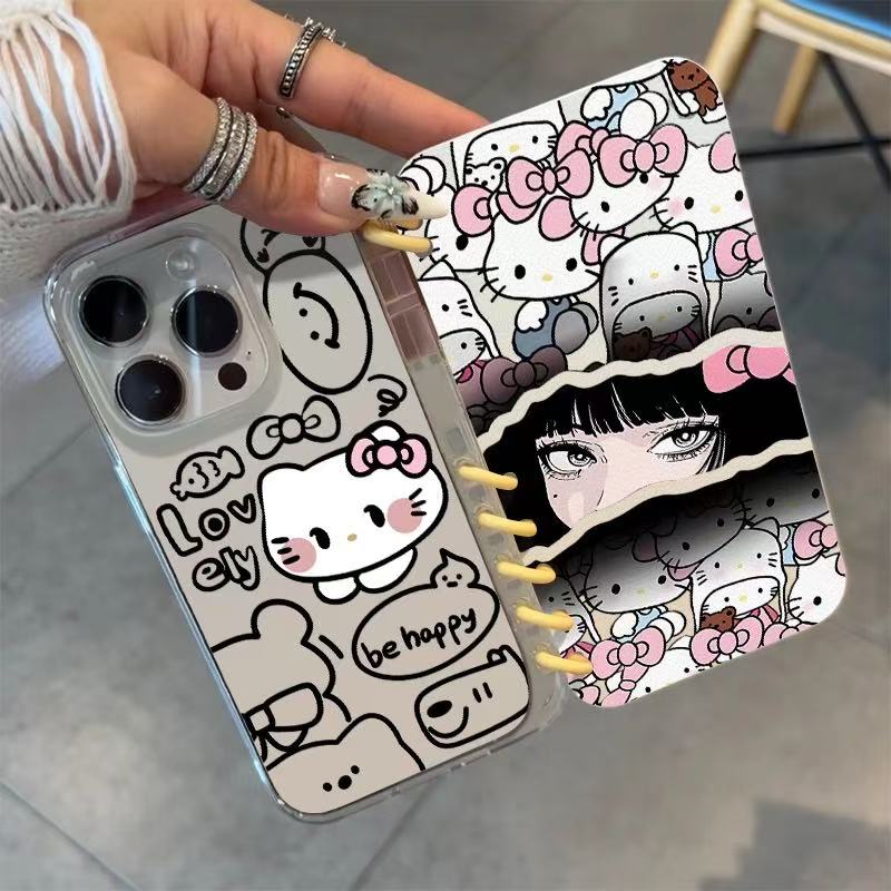 本型スマホケース 「ハローキティ」と優しい雰囲気の少女が共演テーマ 手帳型スマホケース  キャラクターの柔らかい 折りたたみ式 ノート型 スマホケース  iPhone に対応