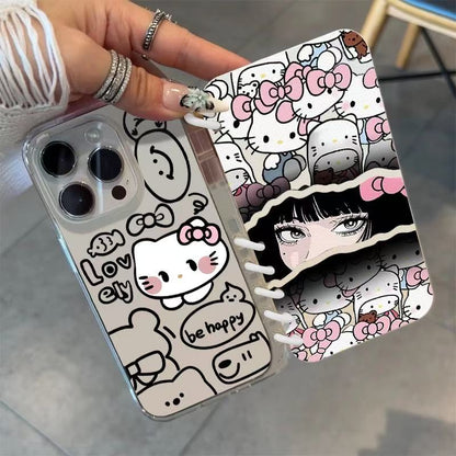 本型スマホケース 「ハローキティ」と優しい雰囲気の少女が共演テーマ 手帳型スマホケース  キャラクターの柔らかい 折りたたみ式 ノート型 スマホケース  iPhone に対応