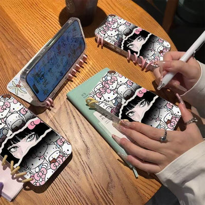 本型スマホケース 「ハローキティ」と優しい雰囲気の少女が共演テーマ 手帳型スマホケース  キャラクターの柔らかい 折りたたみ式 ノート型 スマホケース  iPhone に対応